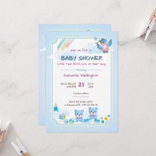 Baby shower aankondiging voor TWIN JONGENS (Voorkant / Achterkant in situ)