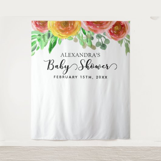 Baby Shower Achtergrond - Bloemige Elegante Foto B Wandkleed (Voorkant)