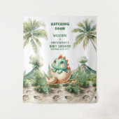 Baby shower Achtergrond Blue Dino Hatching Soon Wandkleed (Voorkant)