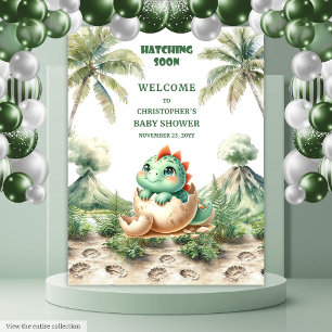 Baby shower Achtergrond Blue Dino Hatching Soon Wandkleed