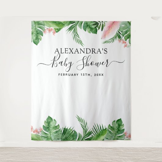 Baby Shower Achtergrond Tropisch Bloem Foto Booth Wandkleed (Voorkant)