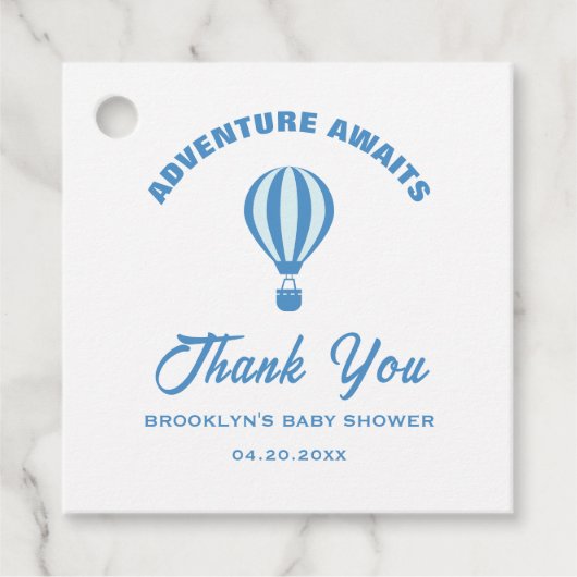 Baby shower Adventure wacht op leuke trendy blauw  Bedankjes Labels (Voorkant)