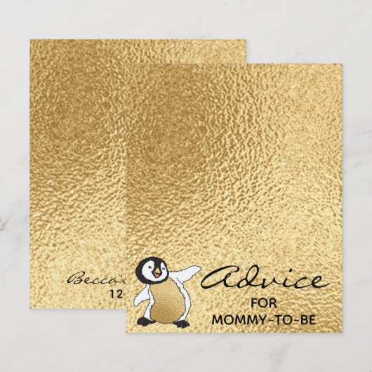 Baby shower Advice Kaart "Gold Baby Penguin" (Voorkant / Achterkant)