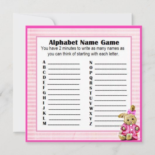 Baby shower Alfabet Naam & Bingo Spel Roze Bunny Kaart (Voorkant)