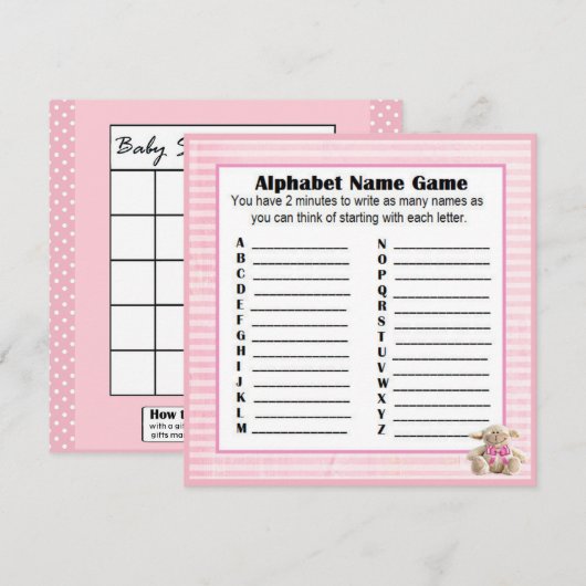 Baby shower Alfabet Naam & Bingo Spel Roze Lam Kaart (Voorkant / Achterkant)