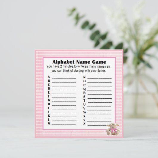 Baby shower Alfabet Naam & Bingo Spel Roze Lam Kaart (Staand voorkant)