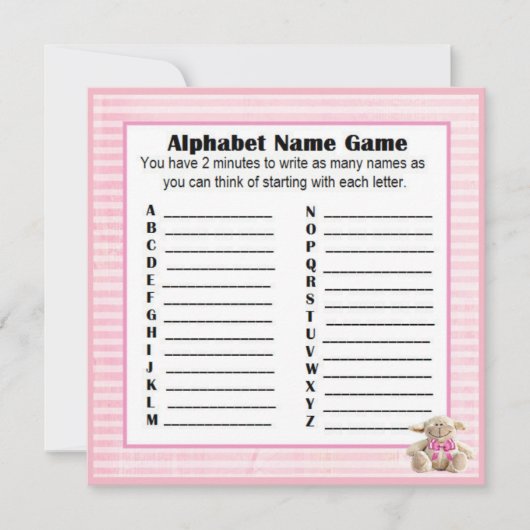 Baby shower Alfabet Naam & Bingo Spel Roze Lam Kaart (Voorkant)