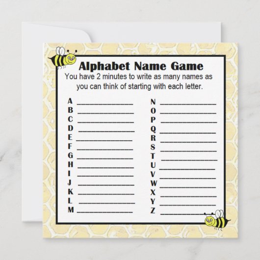 Baby shower Alfabet Naam Spel BINGO Bumblebee Kaart (Voorkant)