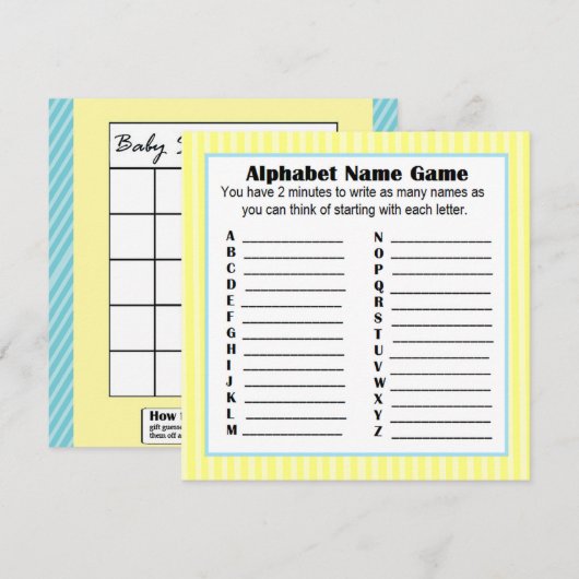 Baby shower Alfabet Naam Spel BINGO Geel & Blauw Kaart (Voorkant / Achterkant)