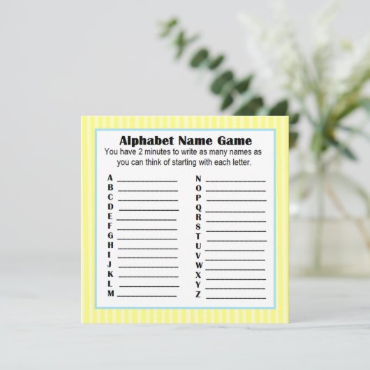 Baby shower Alfabet Naam Spel BINGO Geel & Blauw Kaart (Staand voorkant)