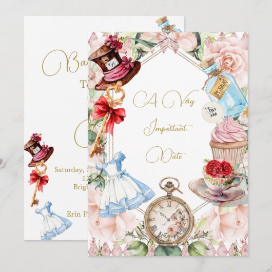 Baby shower Alice in Wonderland Floral Pink Kaart (Voorkant / Achterkant)
