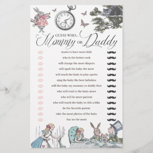 Baby shower Alice in Wonderland Fun Raad eens wie (Voorkant)