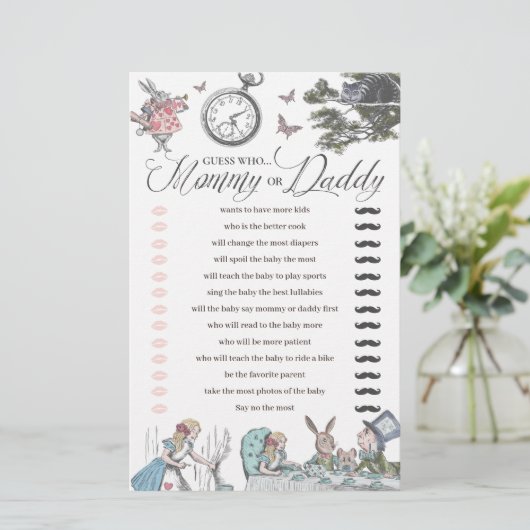 Baby shower Alice in Wonderland Fun Raad eens wie (Staand voorkant)