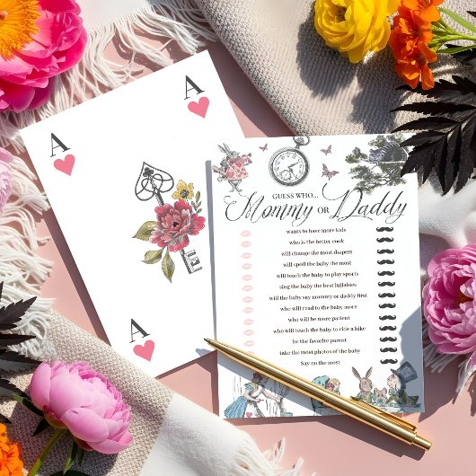 Baby shower Alice in Wonderland Fun Raad eens wie Kaart