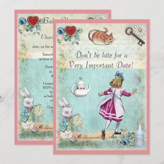 Baby shower Alice in Wonderland Niet te laat komen Kaart (Voorkant / Achterkant)