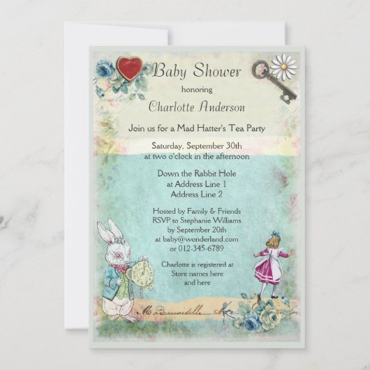 Baby shower Alice in Wonderland Niet te laat komen Kaart (Achterkant)