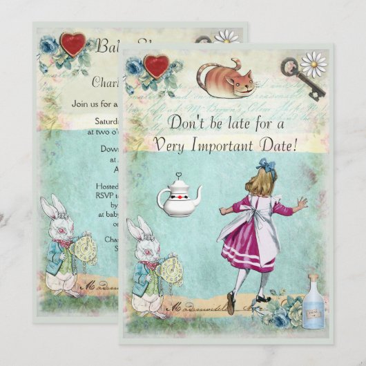 Baby shower Alice in Wonderland Niet te laat komen Kaart (Voorkant / Achterkant)