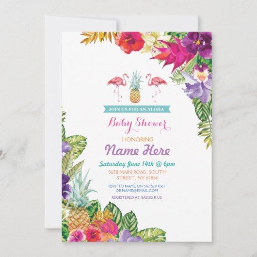 baby shower Aloha Luau Flamingo Invite Kaart (Voorkant)