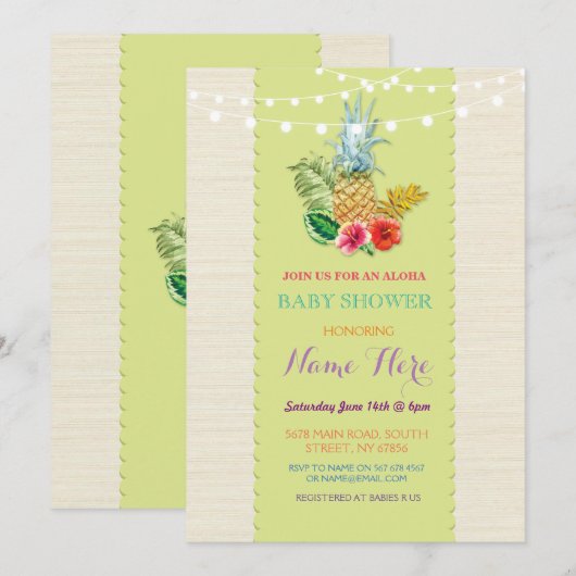 baby shower Aloha Luau Pineapple Invite Kaart (Voorkant / Achterkant)