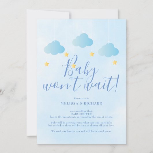 Baby Shower Annulering Blauwe Shower per Post Kaart (Voorkant)