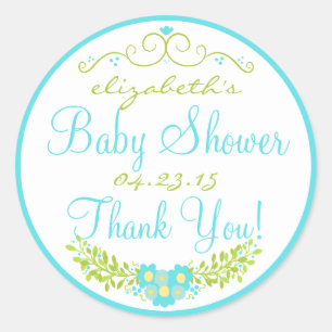 Baby shower Aqua Blauw en Groen Bloemen Ronde Sticker