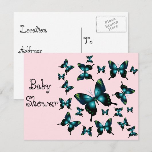 Baby shower Aqua Butterflies Uitnodiging Briefkaart (Voorkant / Achterkant)