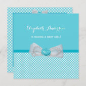 Baby shower Aqua Gingham Cute Blue Bow Kaart (Voorkant / Achterkant)