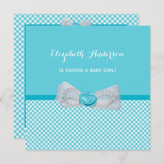 Baby shower  Aqua Gingham Cute Blue Bow Kaart (Voorkant / Achterkant)