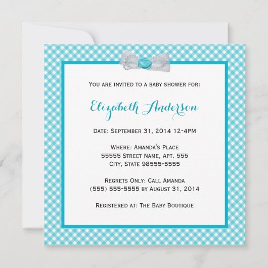 Baby shower Aqua Gingham Cute Blue Bow Kaart (Achterkant)