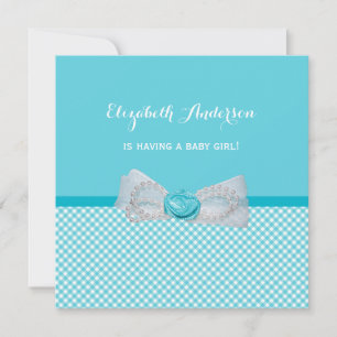 Baby shower  Aqua Gingham Cute Blue Bow Kaart