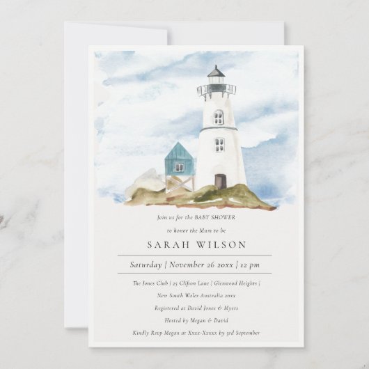 Baby shower Aqua Lighthouse Mountains Invite Bedankkaart (Voorkant)