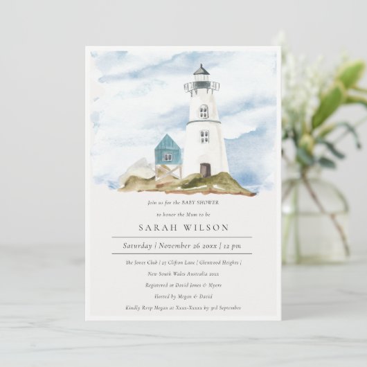 Baby shower Aqua Lighthouse Mountains Invite Bedankkaart (Staand voorkant)