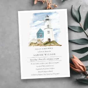 Baby shower Aqua Lighthouse Mountains Invite Bedankkaart