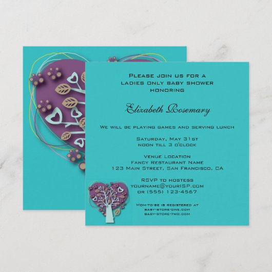  Baby shower, Aqua Love Hearts Tree Kaart (Voorkant / Achterkant)