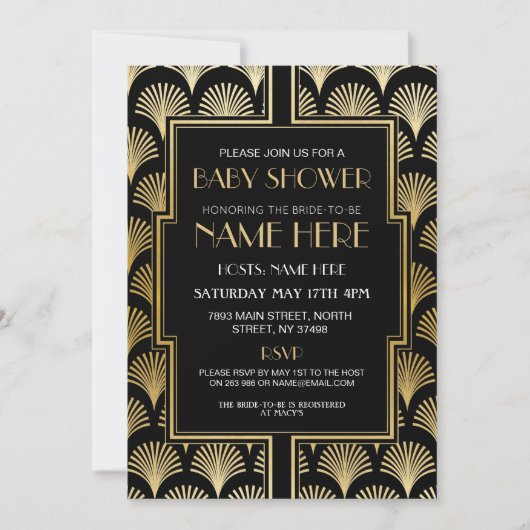 Baby shower Art Deco 1920 Black & Gold Gatsby Kaart (Voorkant)