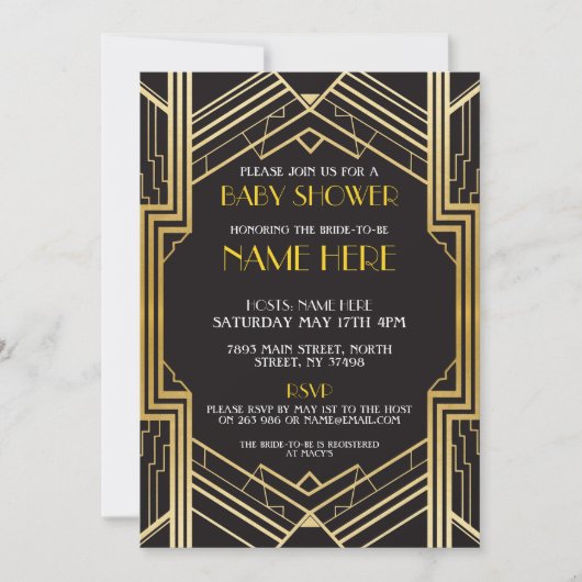 baby shower Art Deco 1920s Gold Gatsby Invite Kaart (Voorkant)