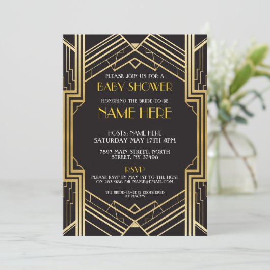 baby shower Art Deco 1920s Gold Gatsby Invite Kaart (Staand voorkant)