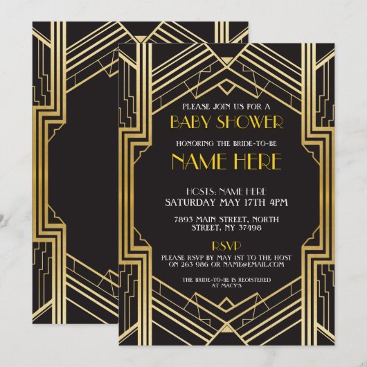 baby shower Art Deco 1920s Gold Gatsby Invite Kaart (Voorkant / Achterkant)