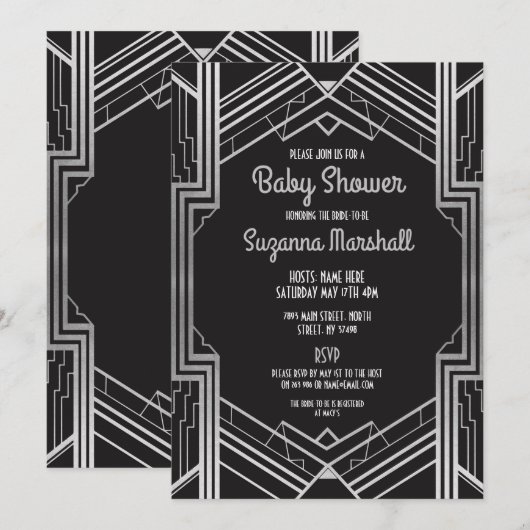 Baby shower Art Deco 1920s Silver Gatsby Twenties Kaart (Voorkant / Achterkant)