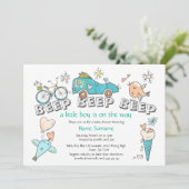 Baby shower auto's reizen blauw sinaasappel kaart (Staand voorkant)