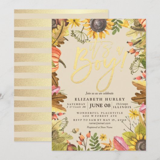 Baby shower Autumn Maple Leaves Pumpkin Sunflower Kaart (Voorkant / Achterkant)