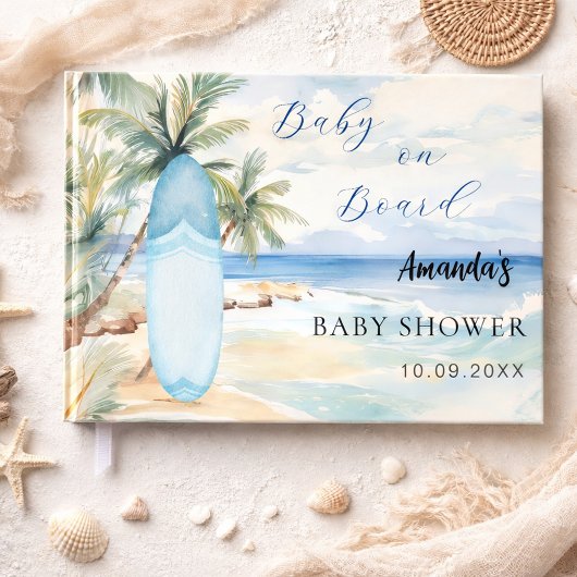 Baby shower baby aan boord surfbord gastenboek