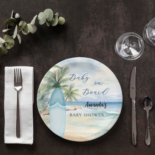 Baby shower baby aan boord van de surfplank papieren bordje
