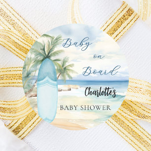 Baby shower baby aan boord van de surfplank ronde sticker