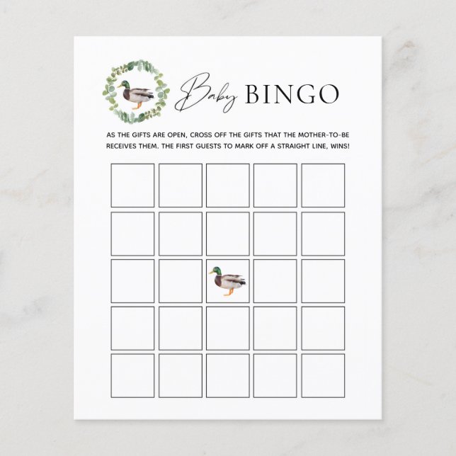 Baby Shower Baby Bingo Spelkaart met Wilde Eend (Voorkant)