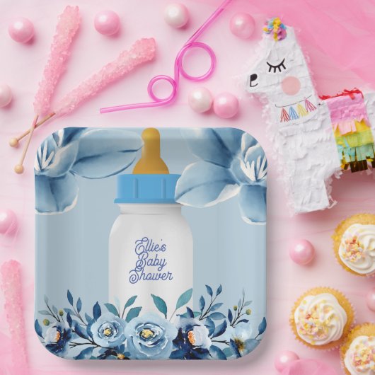 Baby Shower - Baby Bottle- Flowers Name Custom Papieren Bordje (Feest)