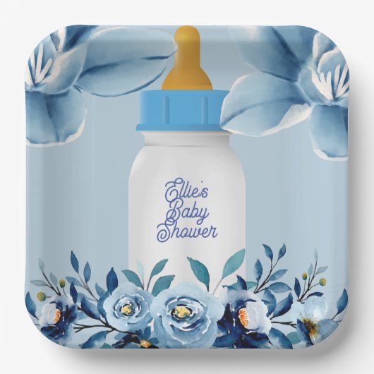 Baby Shower - Baby Bottle- Flowers Name Custom Papieren Bordje (Voorkant)