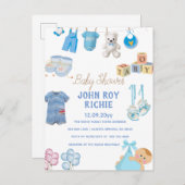 Baby Shower | Baby Boy Blue Aankondigingskaart (Voorkant / Achterkant)