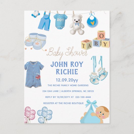 Baby Shower | Baby Boy Blue Aankondigingskaart (Voorkant)