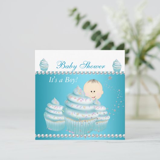 Baby shower Baby Boy Blue Cupcake Sprinkle Kaart (Staand voorkant)